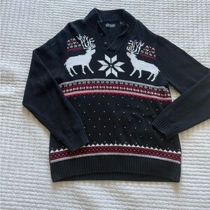 Chaps Black and White Reindeer V-Neck Sweater